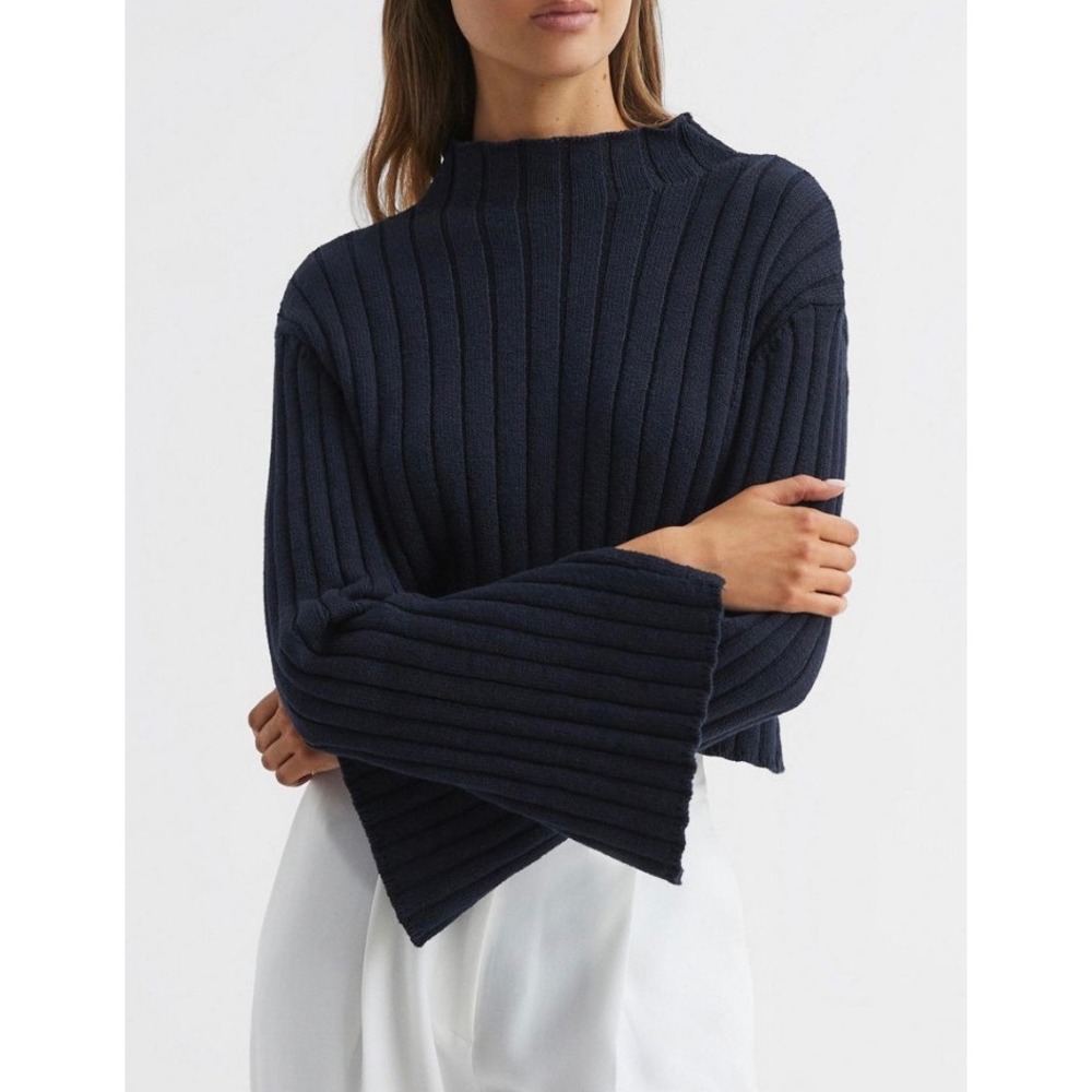 Reiss Gabriella Navy Blue Ribbed Cotton Mock Neck Cropped Sweater Mens Size M